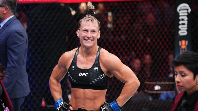 LAS VEGAS, NEVADA - APRIL 13: Kayla Harrison reacts to the end of the round in a bantamweight fight during the UFC 300 event at T-Mobile Arena on April 13, 2024 in Las Vegas, Nevada.