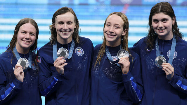 NANTERRE, FRANCE - AUGUST 01: Silver Medalists Claire Weinstein, Paige Madden, Katie Ledecky and Erin Gemmell of Team United States pose following the Swimming medal ceremony after the Women's 4x200m Freestyle Relay Final on day six of the Olympic Games Paris 2024 at Paris La Defense Arena on August 01, 2024 in Nanterre, France.