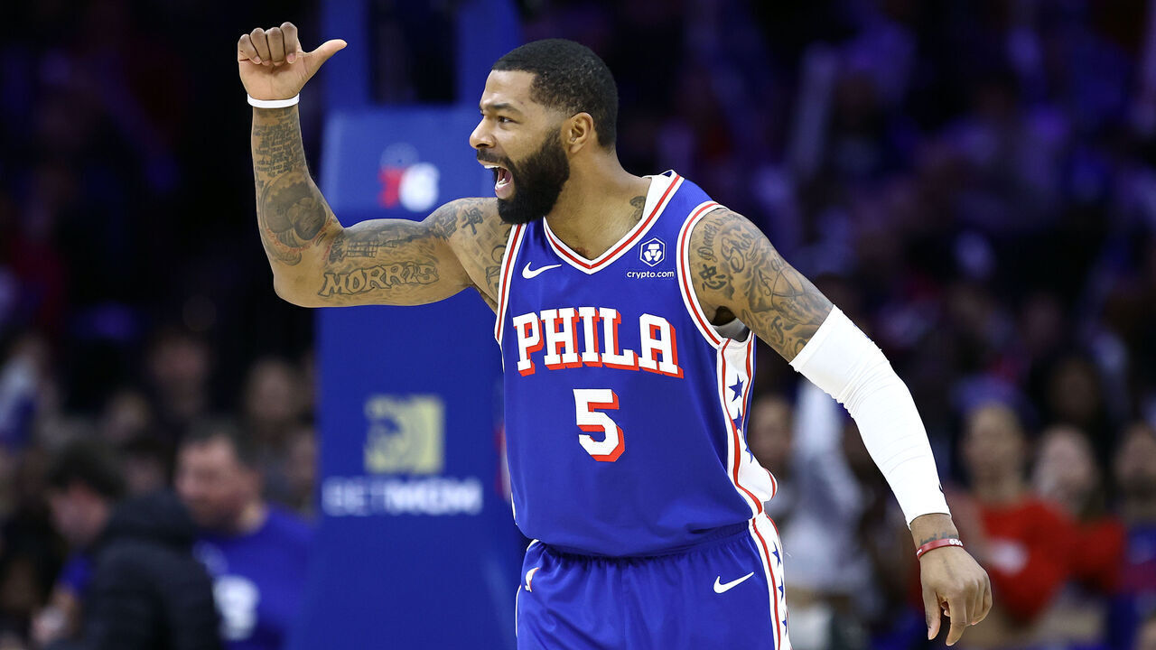 PHILADELPHIA, PENNSYLVANIA - JANUARY 15: Marcus Morris Sr. #5 of the Philadelphia 76ers reacts during the third quarter against the Houston Rockets at the Wells Fargo Center on January 15, 2024 in Philadelphia, Pennsylvania.