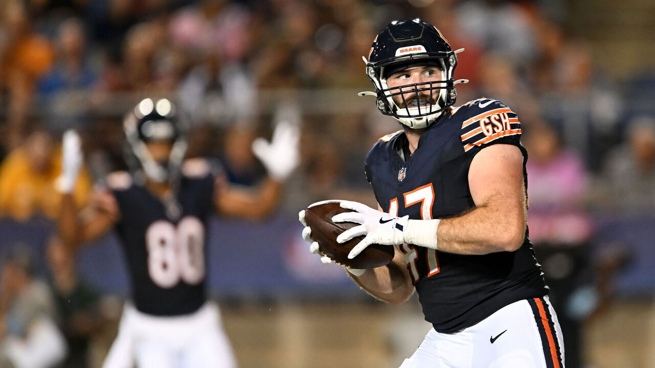 CANTON, OHIO - AUGUST 01: Tommy Sweeney #47 of the Chicago Bears celebrates catching a 22-yard touchdown pass during the first half of the 2024 Pro Football Hall of Fame Game against the Houston Texans at Tom Benson Hall Of Fame Stadium on August 01, 2024 in Canton, Ohio.