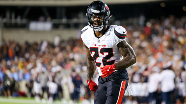 CANTON, OH - AUGUST 01: Houston Texans running back Cam Akers (22) in the end zone after coring on a 4-yard touchdown pass during the second quarter of the National Football League preseason game between the Chicago Bears and Houston Texans on August 1, 2024, at the Tom Benson Hall of Fame Stadium in Canton, OH.
