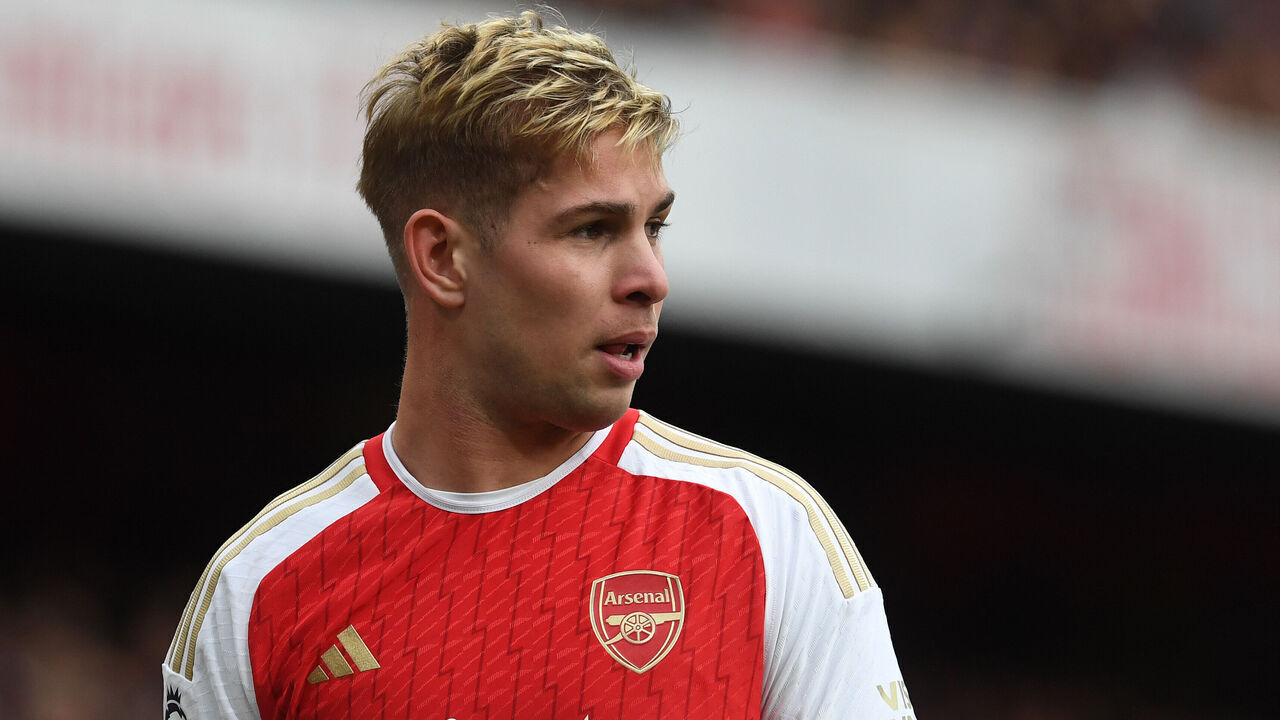 LONDON, ENGLAND - APRIL 14: Emile Smith Rowe of Arsenal during the Premier League match between Arsenal FC and Aston Villa at Emirates Stadium on April 14, 2024 in London, England.