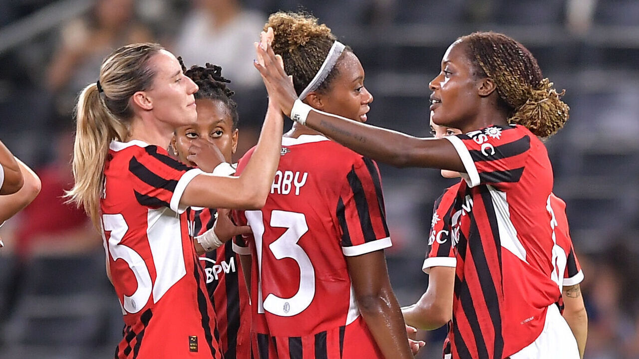 MONTERREY, MEXICO - JUNE 12: Evelyn Ijeh of AC Milan women celebrates with teammates after scoring the team’s second goal during the Her Nations Tour friendly match between Monterrey and AC Milan Women at BBVA Stadium on June 12, 2024 in Monterrey, Mexico.