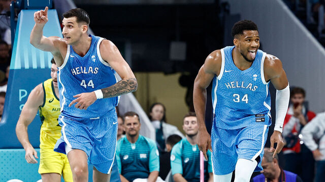 Greece's #34 Giannis Antetokounmpo celebrates after scoring in the men's preliminary round group A basketball match between Australia and Greece during the Paris 2024 Olympic Games at the Pierre-Mauroy stadium in Villeneuve-d'Ascq, northern France, on August 2, 2024.
