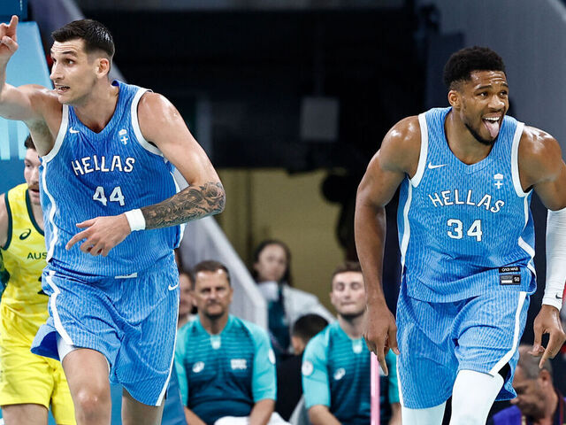 Greece's #34 Giannis Antetokounmpo celebrates after scoring in the men's preliminary round group A basketball match between Australia and Greece during the Paris 2024 Olympic Games at the Pierre-Mauroy stadium in Villeneuve-d'Ascq, northern France, on August 2, 2024.