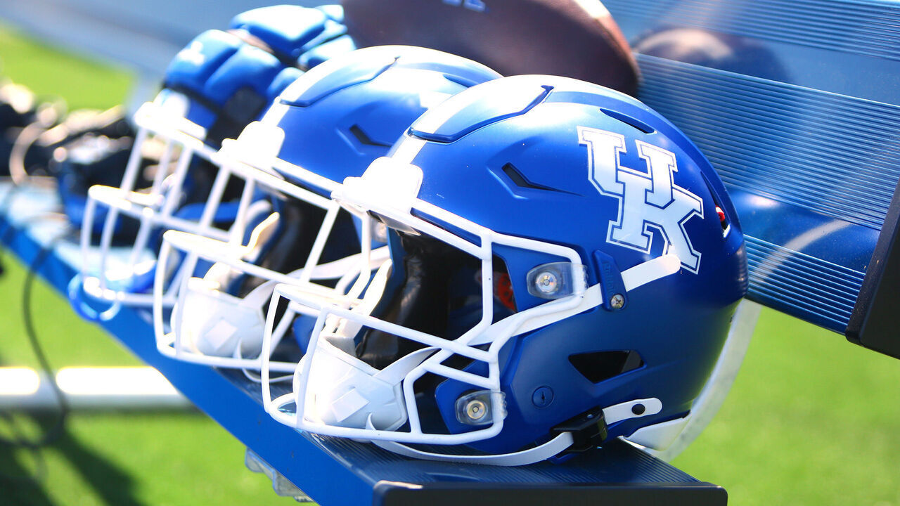 LEXINGTON, KY - APRIL 13: Helmets rest on the bench before the Kentucky Wildcats' 2024 spring game on April 13, 2024, at Kroger Field in Lexington, KY.