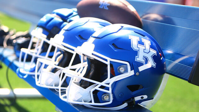 LEXINGTON, KY - APRIL 13: Helmets rest on the bench before the Kentucky Wildcats' 2024 spring game on April 13, 2024, at Kroger Field in Lexington, KY.