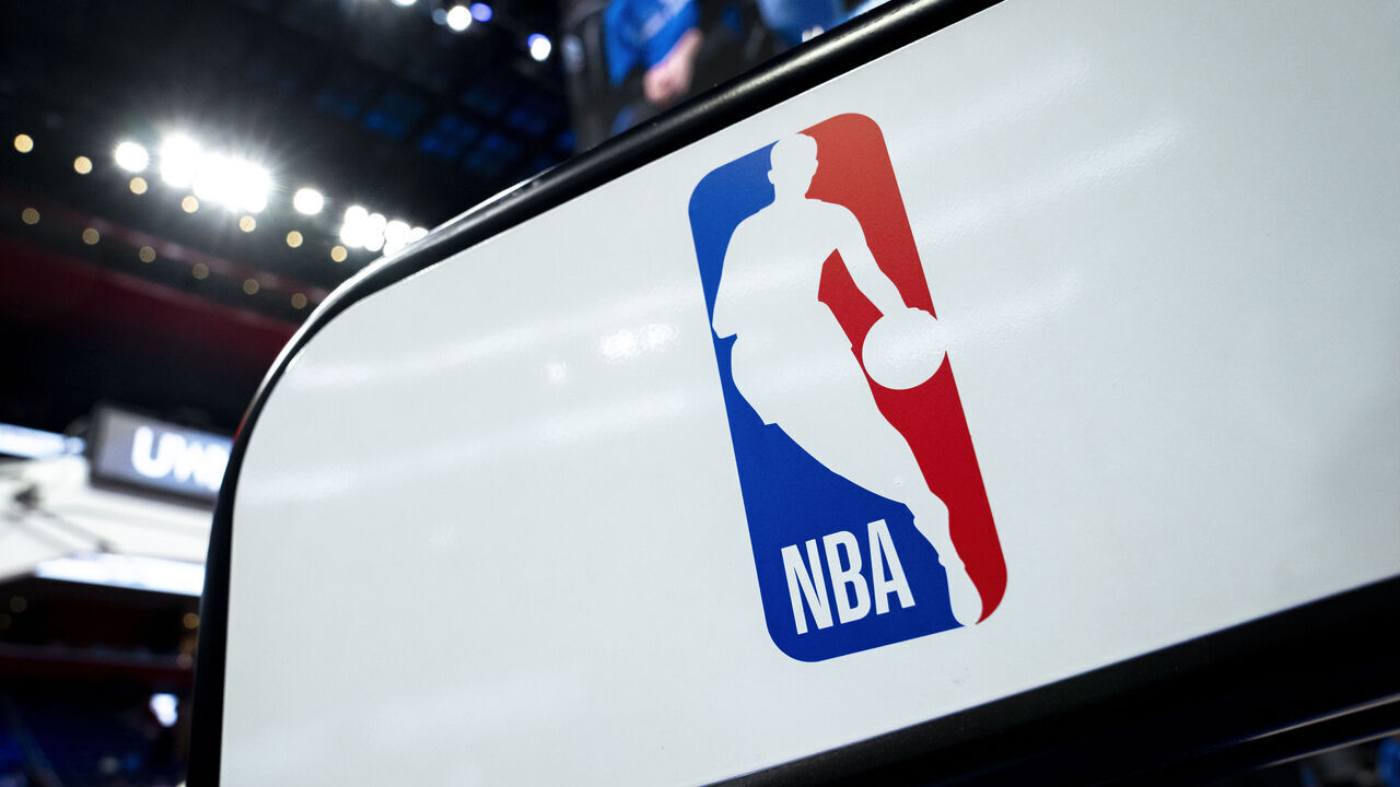 DETROIT, MICHIGAN - FEBRUARY 04: The NBA logo is pictured before the game between the Detroit Pistons and Orlando Magic at Little Caesars Arena on February 04, 2024 in Detroit, Michigan.