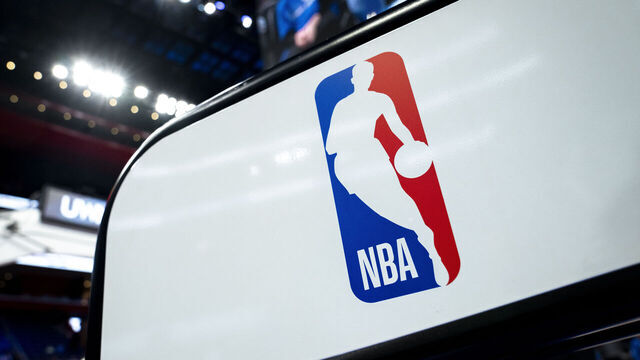 DETROIT, MICHIGAN - FEBRUARY 04: The NBA logo is pictured before the game between the Detroit Pistons and Orlando Magic at Little Caesars Arena on February 04, 2024 in Detroit, Michigan.