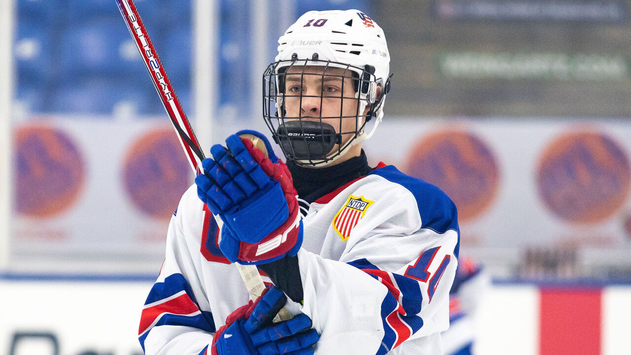 PLYMOUTH, MI - FEBRUARY 6: James Hagens #10 of Team USA before U18 Five Nations Tournament between Team Switzerland and Team USA at USA Hockey Arena on February 6, 2024 in Plymouth, Michigan.