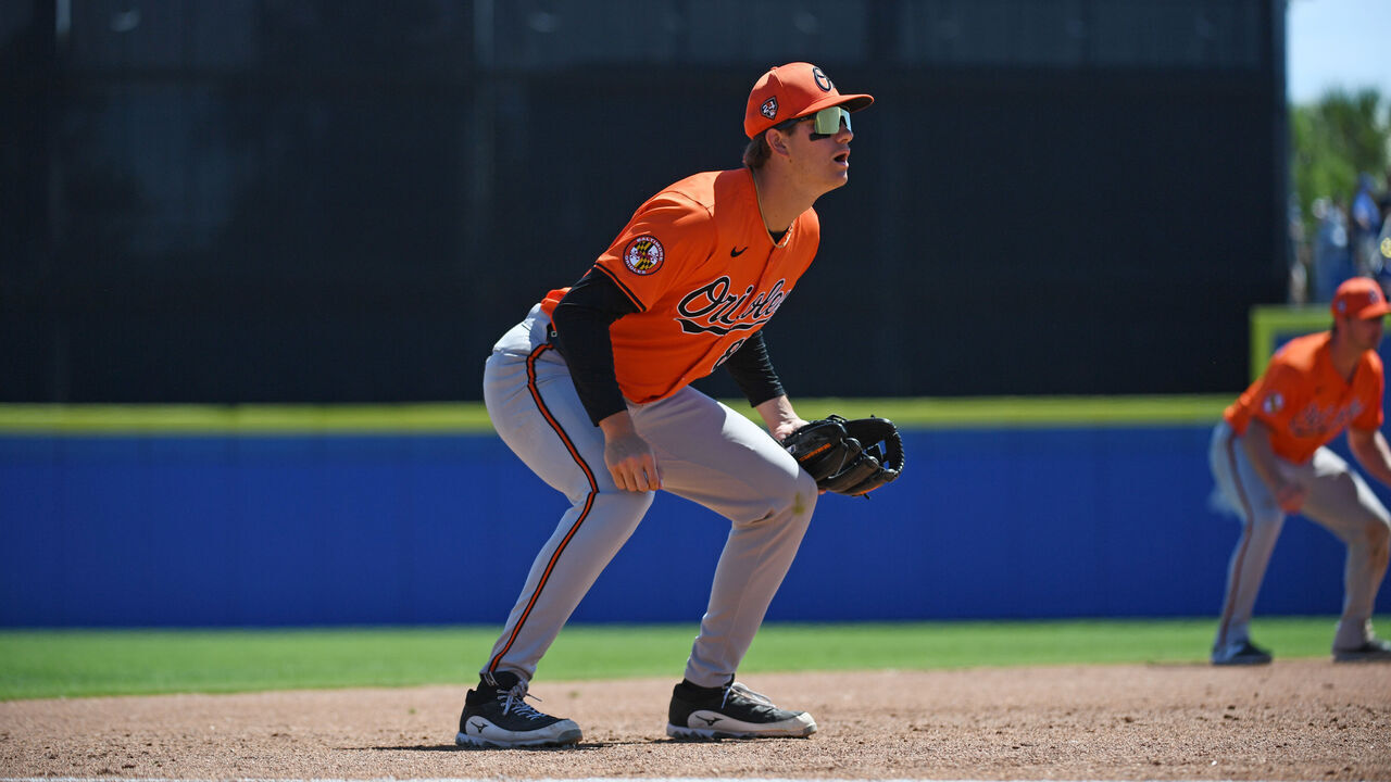 DUNEDIN, FLORIDA - MARCH 19, 2024: Coby Mayo #86 of the Baltimore Orioles in the field during the third inning of a spring training game against the Toronto Blue Jays at TD Ballpark on March 19, 2024 in Dunedin, Florida.