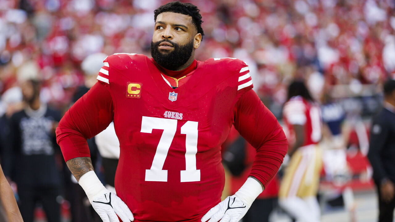 GLENDALE, ARIZONA - DECEMBER 17: Trent Williams #71 of the San Francisco 49ers looks on from the sideline before an NFL football game against the Arizona Cardinals at State Farm Stadium on December 17, 2023 in Glendale, Arizona.
