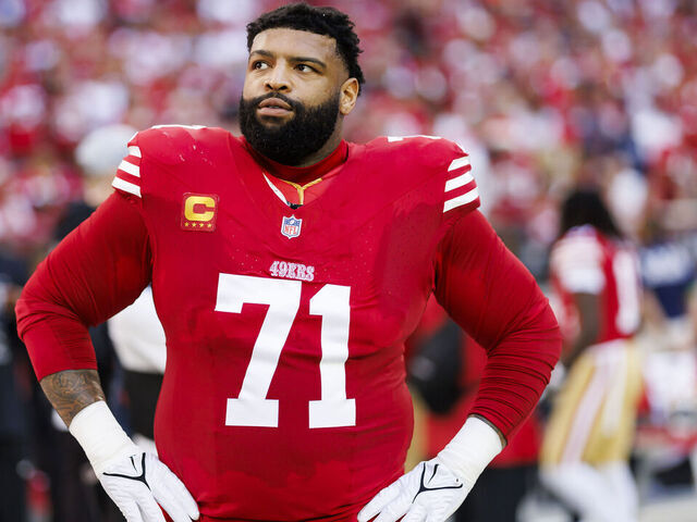 GLENDALE, ARIZONA - DECEMBER 17: Trent Williams #71 of the San Francisco 49ers looks on from the sideline before an NFL football game against the Arizona Cardinals at State Farm Stadium on December 17, 2023 in Glendale, Arizona.
