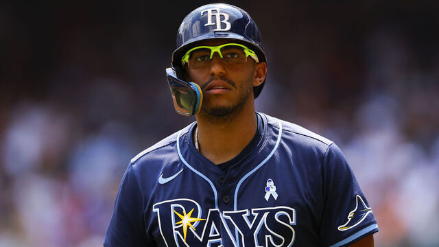 ATLANTA, GEORGIA - JUNE 16: Richie Palacios #1 of the Tampa Bay Rays reacts during the ninth inning against the Atlanta Braves at Truist Park on June 16, 2024 in Atlanta, Georgia.