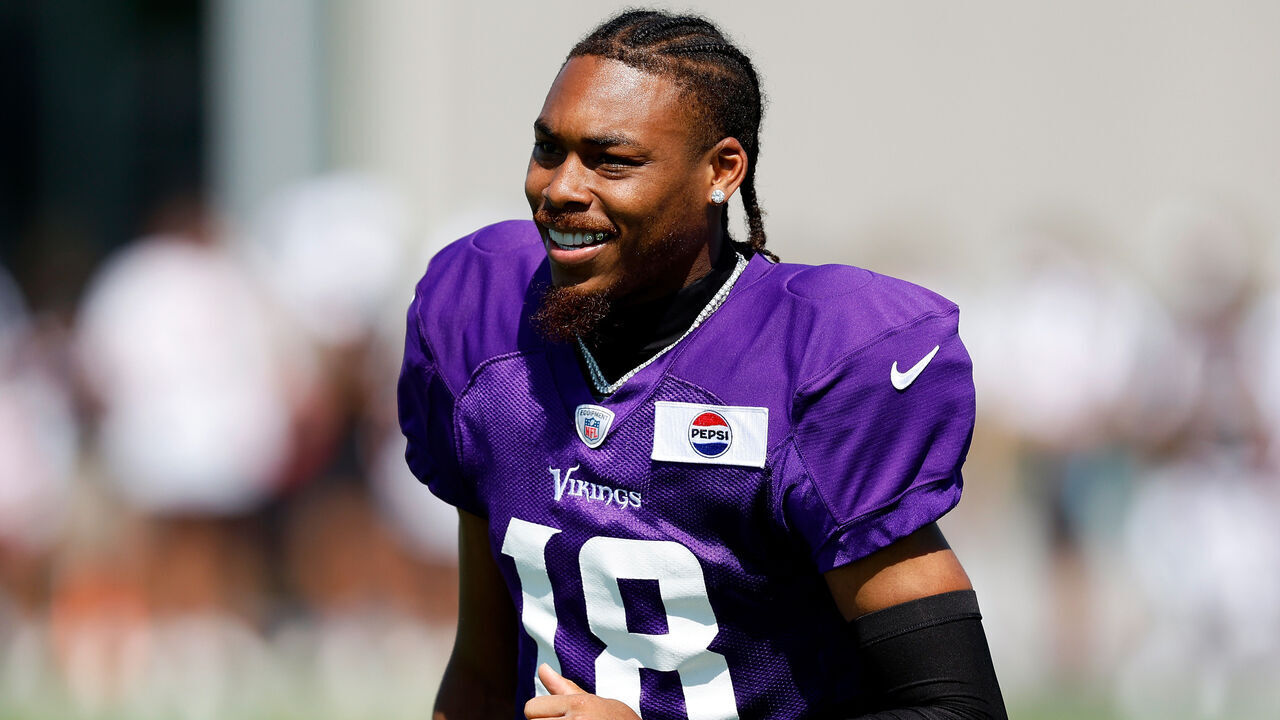 EAGAN, MINNESOTA - AUGUST 02: Justin Jefferson #18 of the Minnesota Vikings looks on during training camp on August 02, 2024 in Eagan, Minnesota.