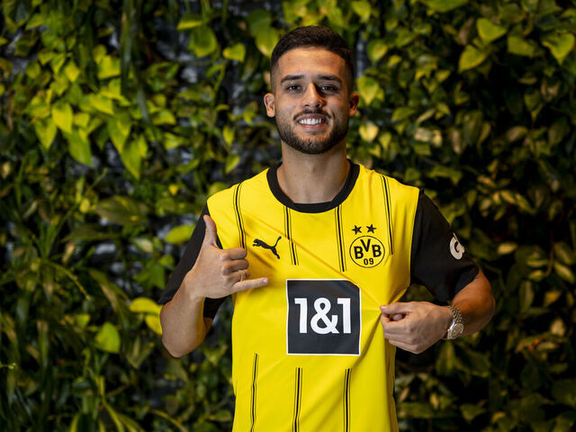 BAD RAGAZ, SWITZERLAND - AUGUST 2: Yan Couto of Borussia Dortmund poses after signing a contract with the club at the Borussia Dortmund Training Camp in Bad Ragaz on August 2, 2024 in Bad Ragaz, Switzerland.