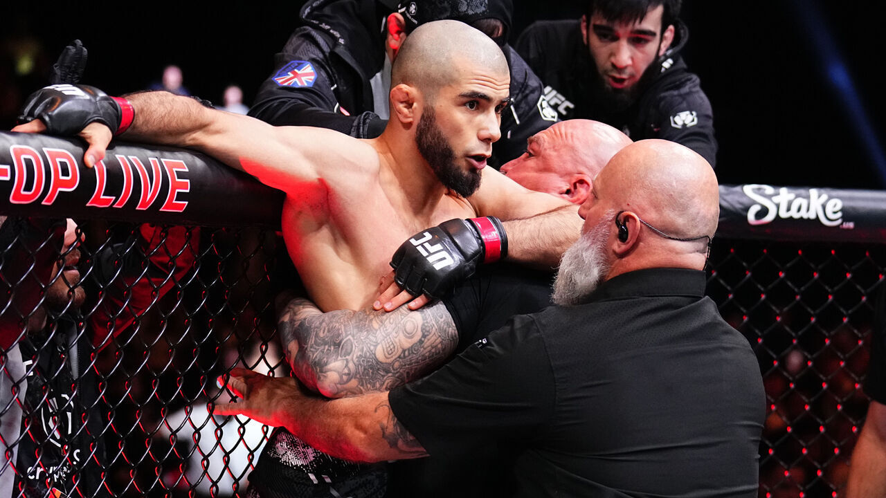 MANCHESTER, ENGLAND - JULY 27: Muhammad Mokaev of Russia is held back by security prior to a flyweight bout against Manel Kape of Angola during the UFC 304 event at Co-op Live on July 27, 2024 in Manchester, England.