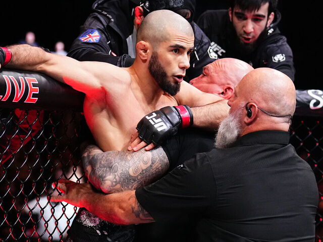 MANCHESTER, ENGLAND - JULY 27: Muhammad Mokaev of Russia is held back by security prior to a flyweight bout against Manel Kape of Angola during the UFC 304 event at Co-op Live on July 27, 2024 in Manchester, England.