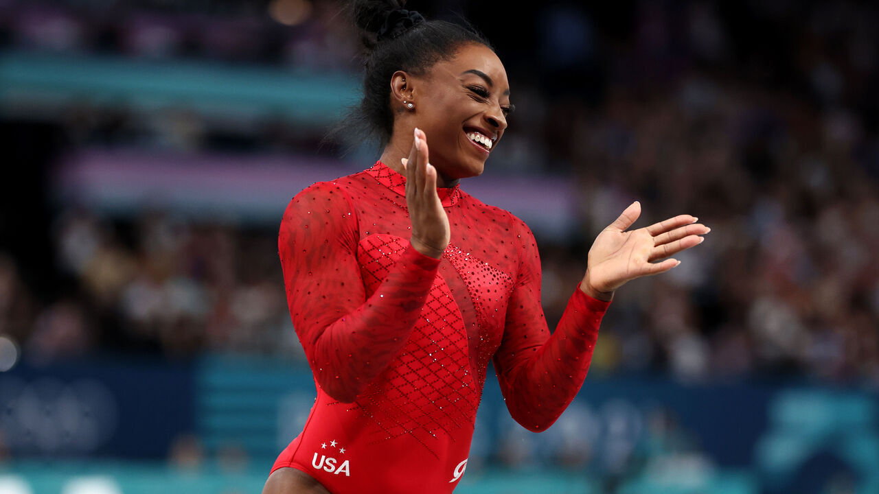 PARIS, FRANCE - AUGUST 03: Simone Biles of Team United States celebrates after finishing her routine during the Artistic Gymnastics Women's Vault Final on day eight of the Olympic Games Paris 2024 at Bercy Arena on August 03, 2024 in Paris, France.