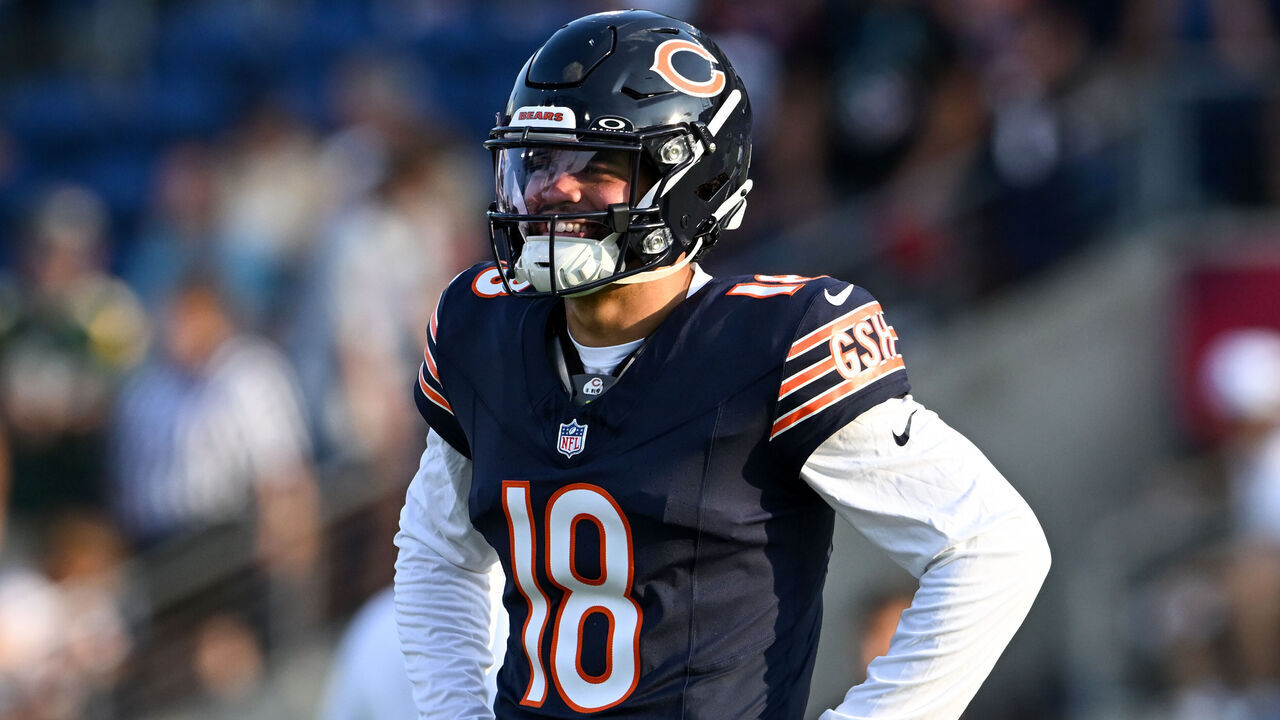 CANTON, OHIO - AUGUST 01: Caleb Williams #18 of the Chicago Bears looks on prior to the 2024 Pro Football Hall of Fame Game against the Houston Texans at Tom Benson Hall Of Fame Stadium on August 01, 2024 in Canton, Ohio.