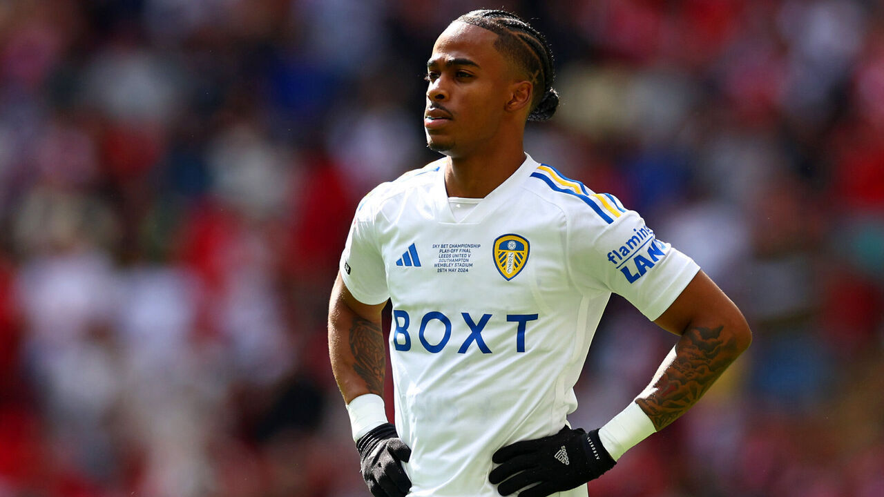 LONDON, ENGLAND - MAY 26: Crysencio Summerville of Leeds United looks on during the Sky Bet Championship Play Final match between Leeds United and Southampton at Wembley Stadium on May 26, 2024 in London, England.