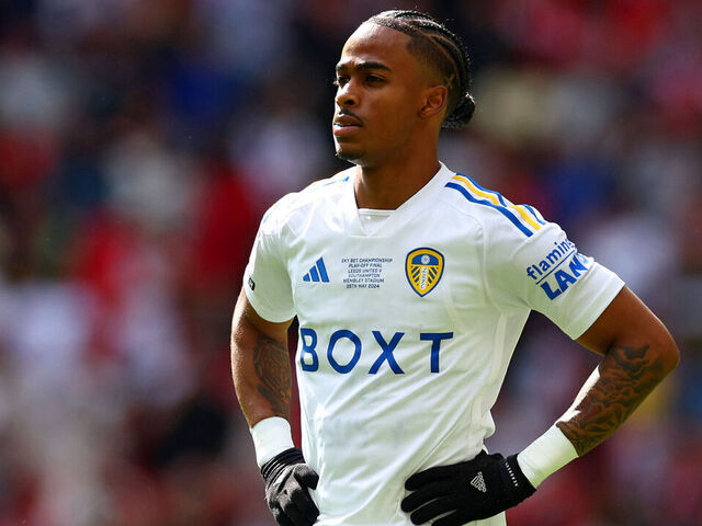 LONDON, ENGLAND - MAY 26: Crysencio Summerville of Leeds United looks on during the Sky Bet Championship Play Final match between Leeds United and Southampton at Wembley Stadium on May 26, 2024 in London, England.