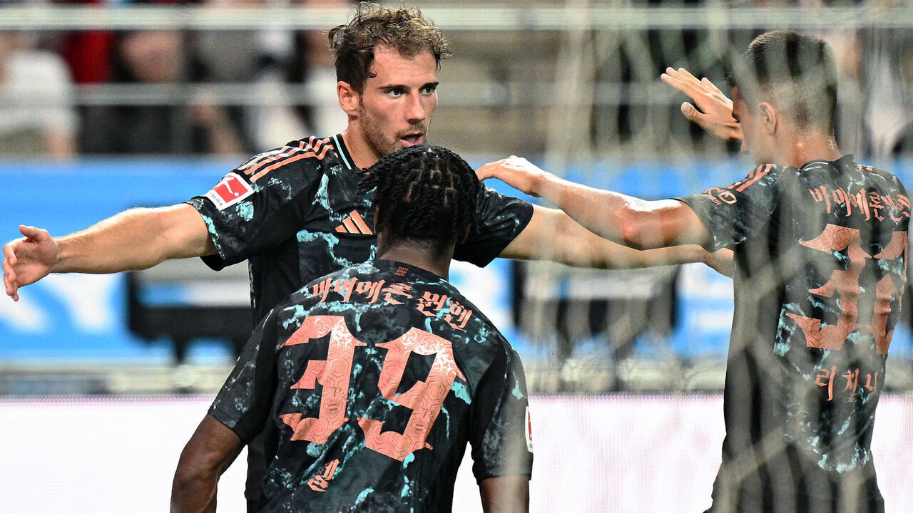 Bayern Munich's Leon Goretzka (L) celebrates after scoring a goal during a friendly football match between Tottenham Hotspur and Bayern Munich at the Seoul World Cup Stadium in Seoul on August 3, 2024.