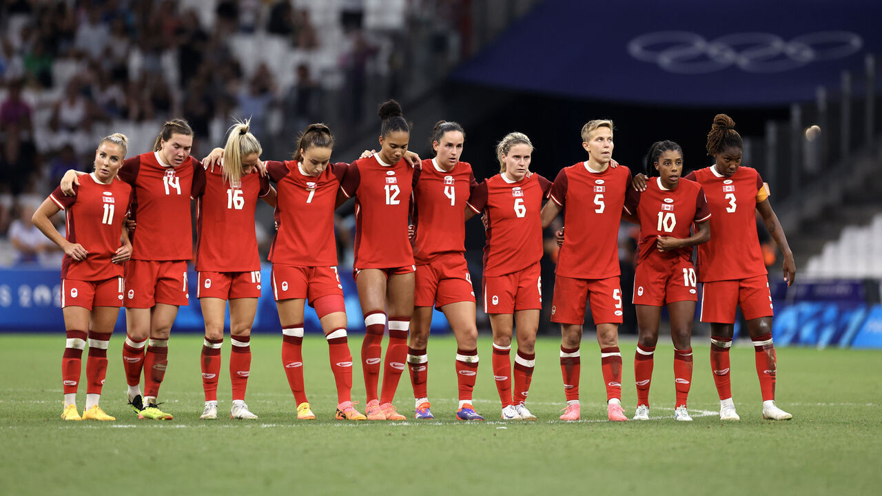 MARSEILLE, FRANCE - AUGUST 03: Players of Team Canada reacts in the penalty shootout during the Women's Quarterfinal match between Canada and Germany during the Olympic Games Paris 2024 at Stade de Marseille on August 03, 2024 in Marseille, France.