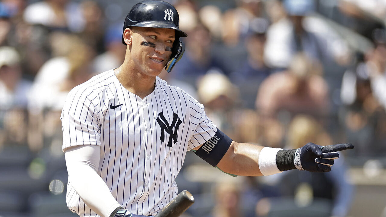 NEW YORK, NY - AUGUST 3: Aaron Judge #99 of the New York Yankees reacts after being struck out by José Berríos #17 of the Toronto Blue Jays during the fourth inning at Yankee Stadium on August 3, 2024 in New York City.