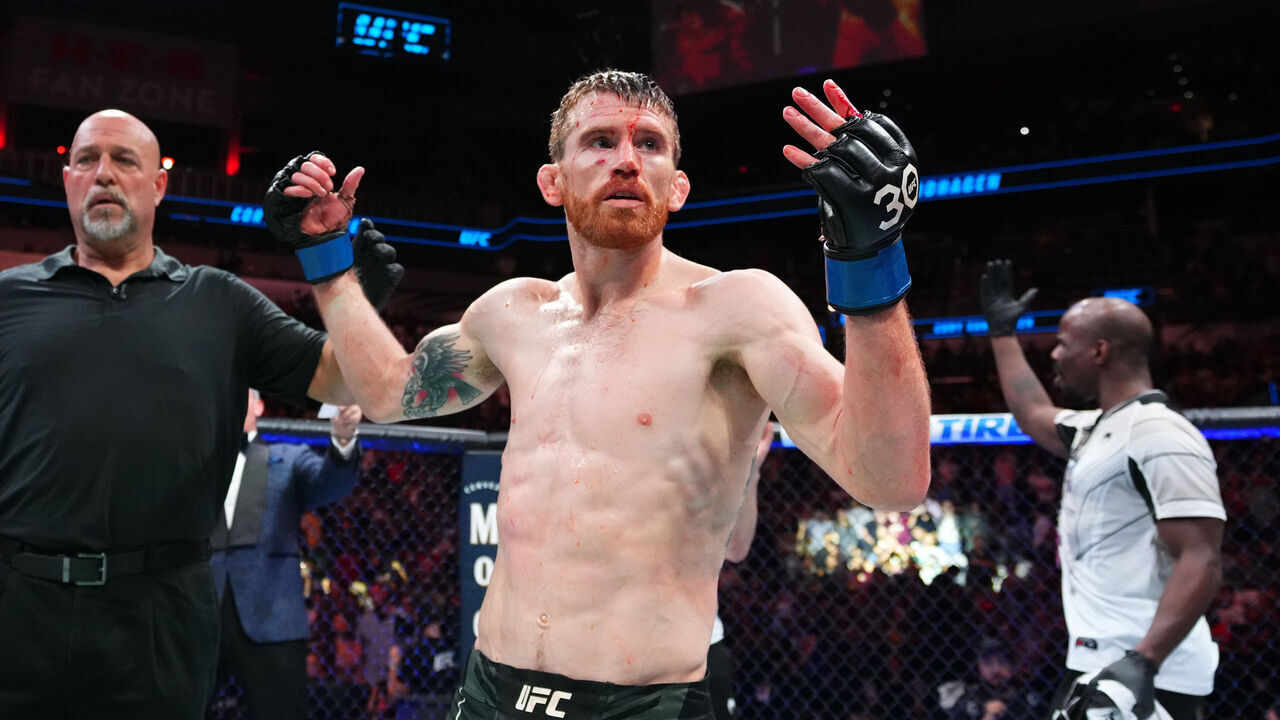 SAN ANTONIO, TEXAS - MARCH 25: Cory Sandhagen reacts after his victory over Marlon Vera of Ecuador in a bantamweight fight during the UFC Fight Night event at AT&T Center on March 25, 2023 in San Antonio, Texas.