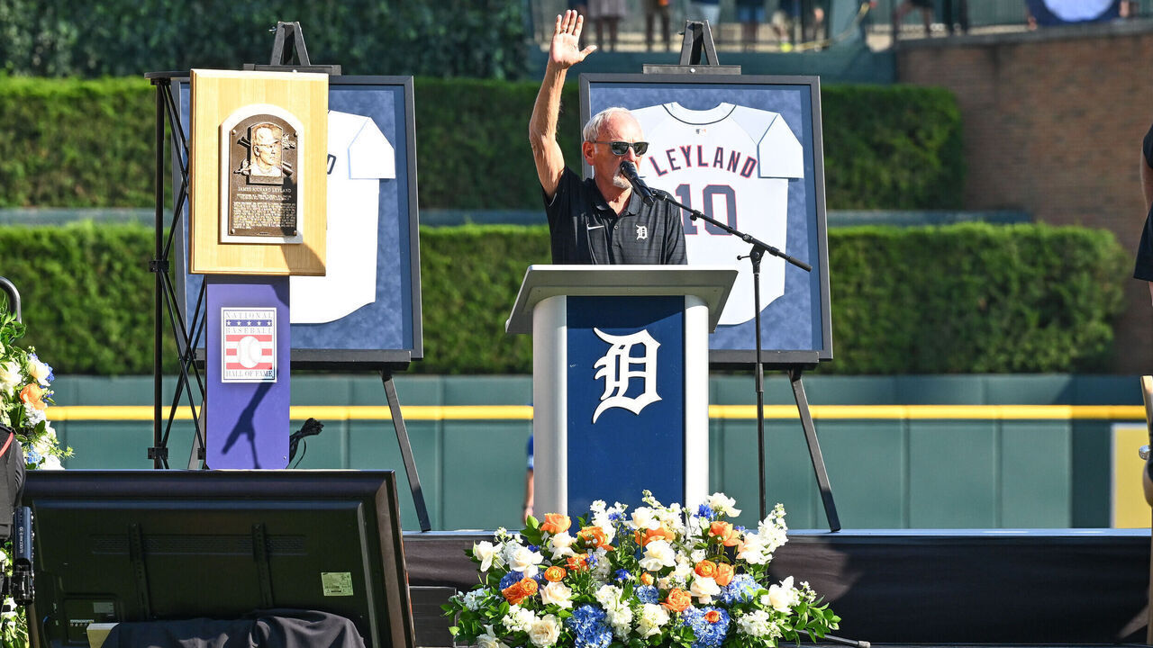 DETROIT, MI - AUGUST 03: Former Detroit Tigers manager Jim Leyland speaks during pregame ceremonies to retire his #10 prior to the Detroit Tigers versus the Kansas City Royals game on Saturday August 3, 2024 at Comerica Park in Detroit, MI.