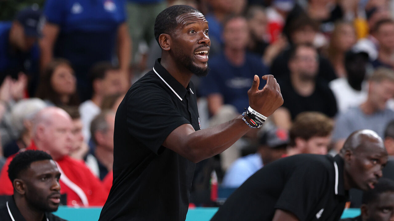 LILLE, FRANCE - AUGUST 03: Head coach Royal Ivey of Team South Sudan reacts during a Men's basketball group phase-group C game between Serbia and South Sudan on day eight of the Olympic Games Paris 2024 at Stade Pierre Mauroy on August 03, 2024 in Lille, France.