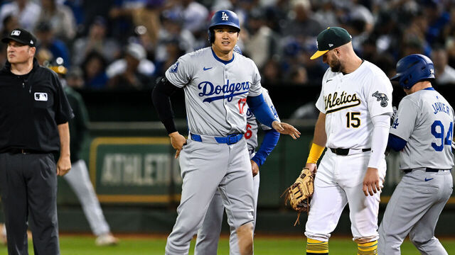 OAKLAND, CALIFORNIA - AUGUST 03: Shohei Ohtani #17 of Los Angeles Dodgers reacts after hitting a single in the top of the ninth inning during the regular season game against the Oakland Athletics at the Oakland Coliseum on August 3, 2024 in Oakland, California.