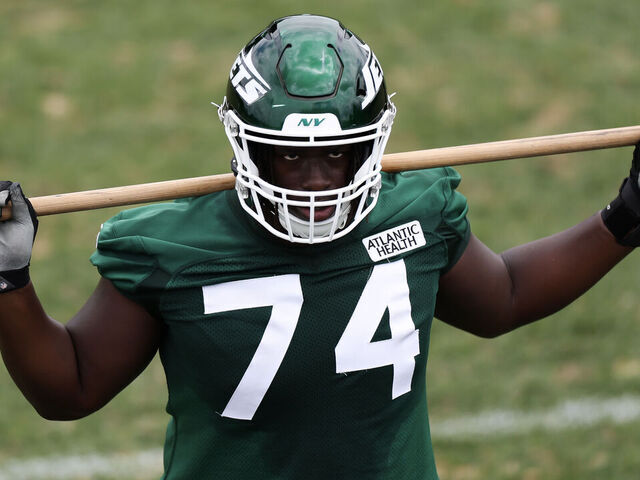 FLORHAM PARK, NEW JERSEY - JUNE 11: Olu Fashanu #74 of the New York Jets participates in drills during New York Jets Mandatory Minicamp at Atlantic Health Jets Training Center on June 11, 2024 in Florham Park, New Jersey.