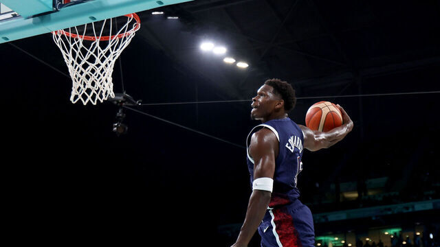 LILLE, FRANCE - AUGUST 03: Anthony Edwards #5 of Team United States goes up for a dunk during a Men's basketball group phase-group C game between the United States and Puerto Rico on day eight of the Olympic Games Paris 2024 at Stade Pierre Mauroy on August 03, 2024 in Lille, France.