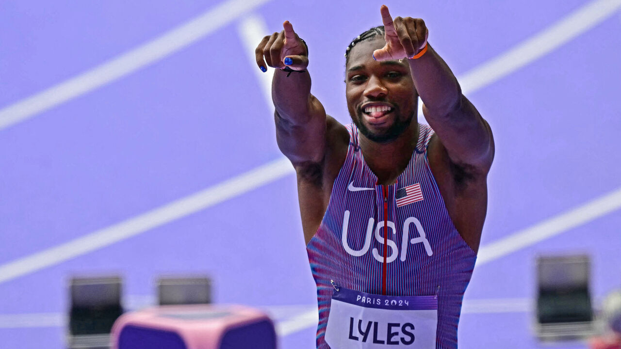 US' Noah Lyles reacts after competing in the men's 100m heat of the athletics event at the Paris 2024 Olympic Games at Stade de France in Saint-Denis, north of Paris, on August 3, 2024.