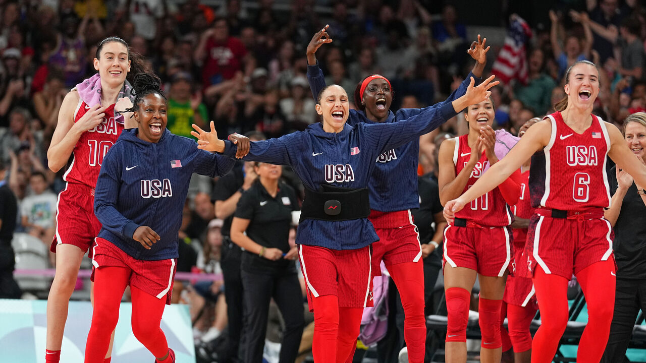 LILLE, FRANCE - AUGUST 4: Team USA celebrates during the game at the Stade Pierre Mauroy on August 4, 2024 in Lille, France. NOTE TO USER: User expressly acknowledges and agrees that, by downloading and/or using this photograph, user is consenting to the terms and conditions of the Getty Images License Agreement. Mandatory Copyright Notice: Copyright 2024 NBAE