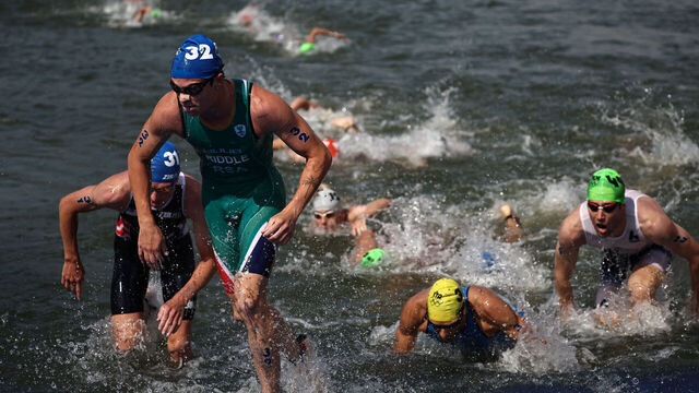 South Africa's Jamie Riddle competes in the swimming stage in the Seine during the men's individual triathlon at the Paris 2024 Olympic Games in central Paris on July 31, 2024.