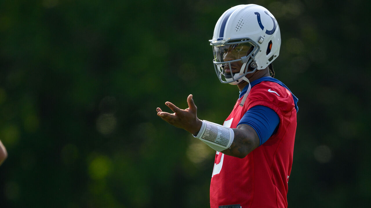 WESTFIELD, IN - JULY 25: Indianapolis Colts quarterback Anthony Richardson (5) runs through a drill during the Indianapolis Colts training camp practice on July 25, 2024 at the Grand Park Sports Campus in Westfield, IN.