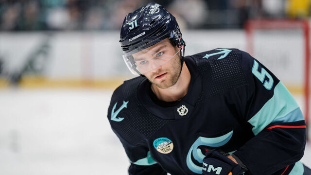 SEATTLE, WASHINGTON - APRIL 09: Shane Wright #51 of the Seattle Kraken warms up ahead of a game against the Arizona Coyotes at Climate Pledge Arena on April 9, 2024 in Seattle, Washington.