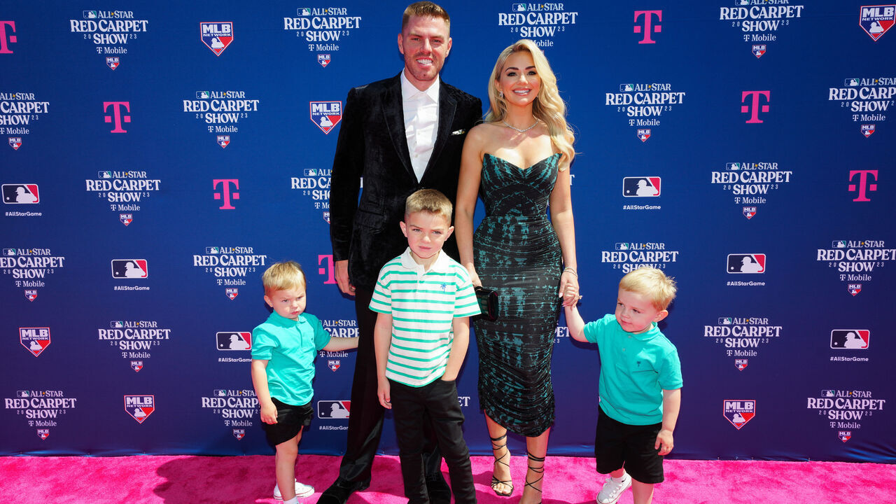 SEATTLE, WA - JULY 11: Freddie Freeman #5 of the Los Angeles Dodgers poses for a photo with family during the All-Star Red Carpet Show at Pike Place Market on Tuesday, July 11, 2023 in Seattle, Washington.