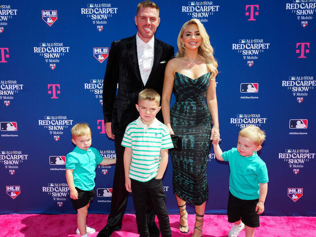 SEATTLE, WA - JULY 11: Freddie Freeman #5 of the Los Angeles Dodgers poses for a photo with family during the All-Star Red Carpet Show at Pike Place Market on Tuesday, July 11, 2023 in Seattle, Washington.