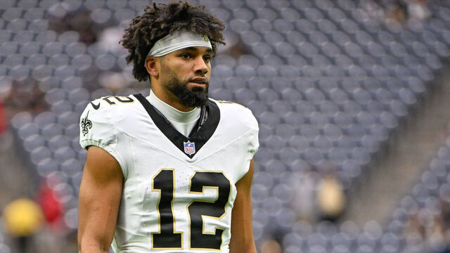 HOUSTON, TX - OCTOBER 15: New Orleans Saints wide receiver Chris Olave (12) warms up before the football game between the New Orleans Saints and Houston Texans at NRG Stadium on October 15, 2023, in Houston, Texas.