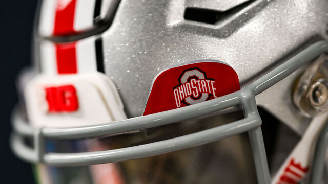 INDIANAPOLIS, IN - JULY 24: The Ohio State Buckeyes logo on a helmet displayed during the 2024 Big Ten Media Days on July 24, 2024 at Lucas Oil Stadium in Indianapolis, IN.