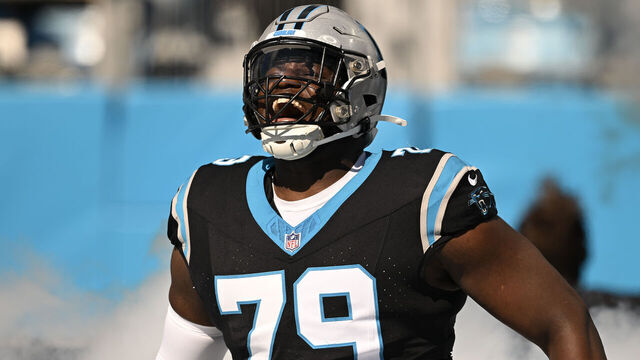 CHARLOTTE, NORTH CAROLINA - OCTOBER 29: Ikem Ekwonu #79 of the Carolina Panthers is introduced before the game against the Houston Texans at Bank of America Stadium on October 29, 2023 in Charlotte, North Carolina.