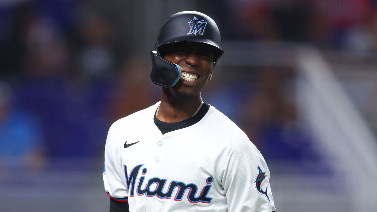 MIAMI, FLORIDA - JULY 24: Nick Gordon #1 of the Miami Marlins reacts during the seventh inning of the game against the Baltimore Orioles at loanDepot park on July 24, 2024 in Miami, Florida.