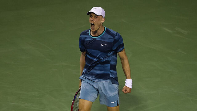 WASHINGTON, DC - JULY 29: Denis Shapovalov celebrates after winning the match against Roberto Bautista Agut during day 3 of the Mubadala Citi DC Open 2024 at William H.G. FitzGerald Tennis Center on July 29, 2024 in Washington, DC.
