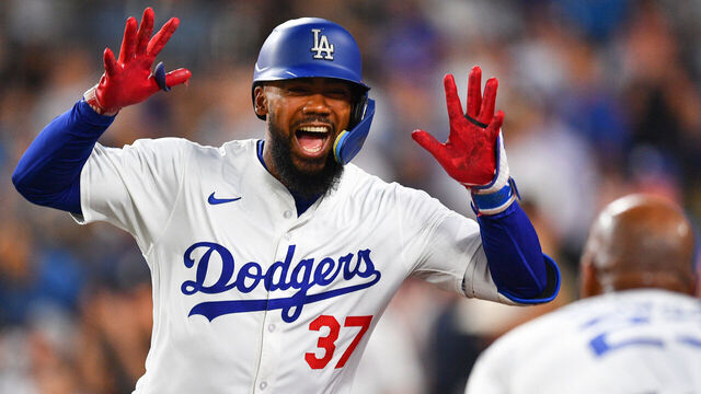 LOS ANGELES, CA - AUGUST 05: Los Angeles Dodgers outfielder Teoscar Hernandez (37) celebrates with Los Angeles Dodgers outfielder Jason Heyward (23) after hitting a home run during the MLB game between the Philadelphia Phillies and the Los Angeles Dodgers on August 5, 2024 at Dodger Stadium in Los Angeles, CA.