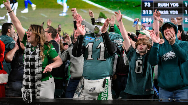 PHILADELPHIA, PA - NOVEMBER 05: Philadelphia Eagles fans react after the NFL game between the Dallas Cowboys and Philadelphia Eagles on November 5, 2023 at Lincoln Financial Field in Philadelphia, PA
