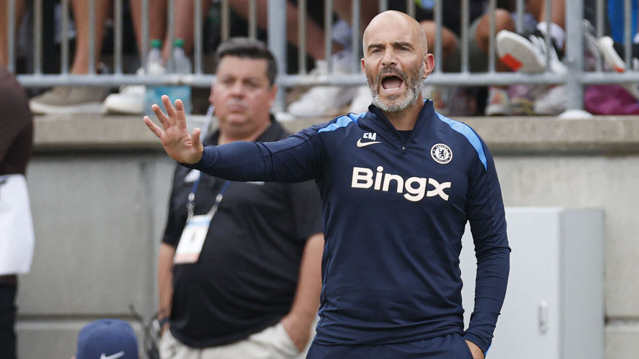 Chelsea's manager Enzo Maresca directs his team during the first half of the pre-season club friendly football match between Chelsea FC and Manchester City FC at Ohio Stadium in Columbus, Ohio on August 3 2024.